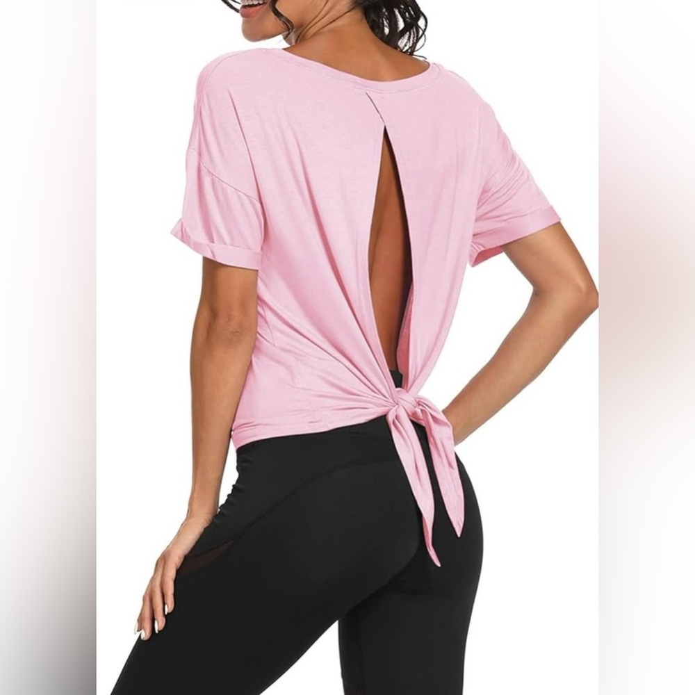 NEW‎ Pink Open-Back Tie Yoga Short Sleeve Tee Women's Large